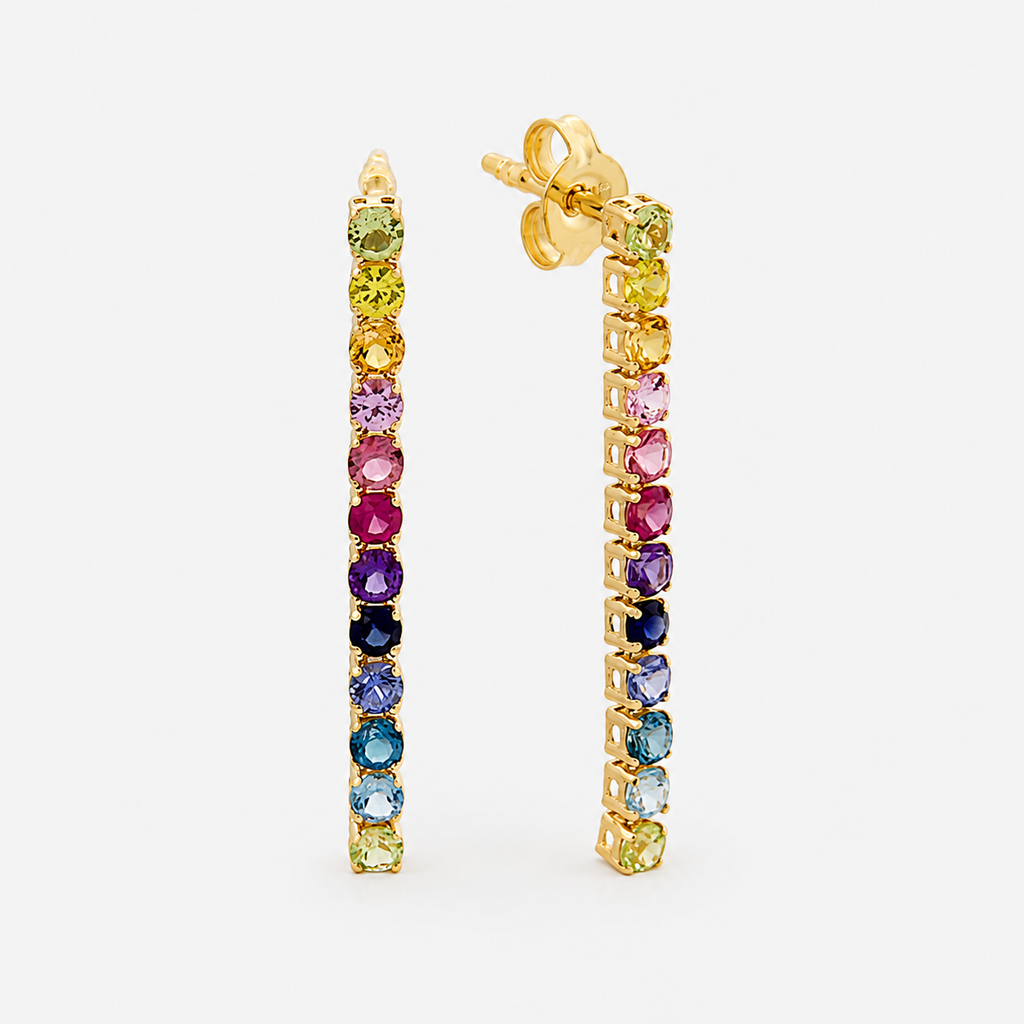 Rainbow Gemstone Tennis Drop Earrings - 9ct Yellow Gold