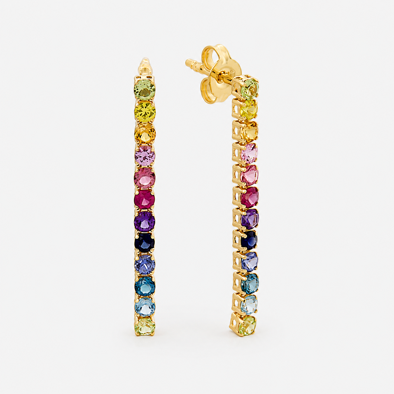Rainbow Gemstone Tennis Drop Earrings - 9ct Yellow Gold