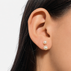Close-up of an ear wearing pearl earrings with a neutral background