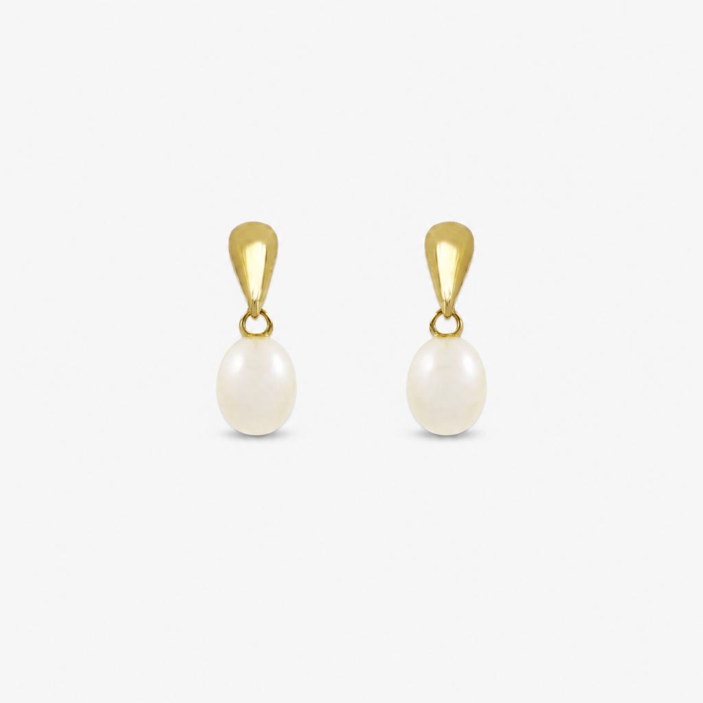 Pair of pearl earrings with gold hooks on a white background