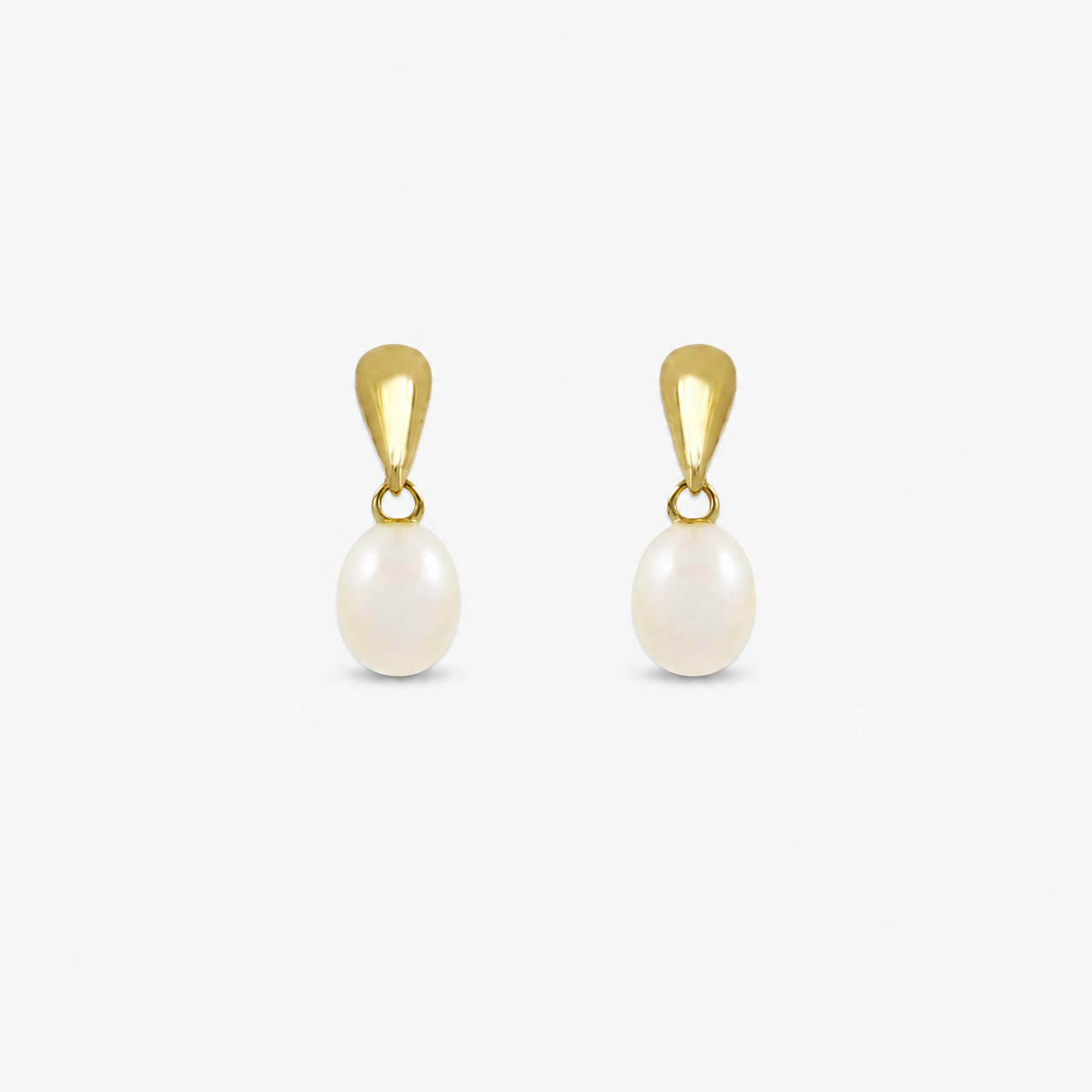 Pair of pearl earrings with gold hooks on a white background