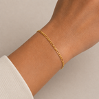 Gold chain bracelet on a wrist against a neutral background