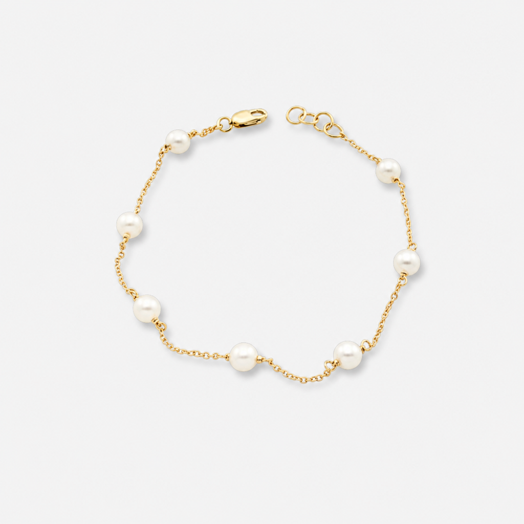 Gold bracelet with pearls on a white background