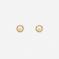 Pair of gold earrings with pearl centers on a white background