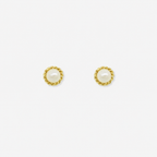 Pair of gold earrings with pearl centers on a white background