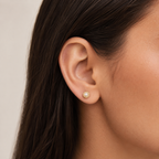 Close-up of an ear wearing a pearl earring with a neutral background